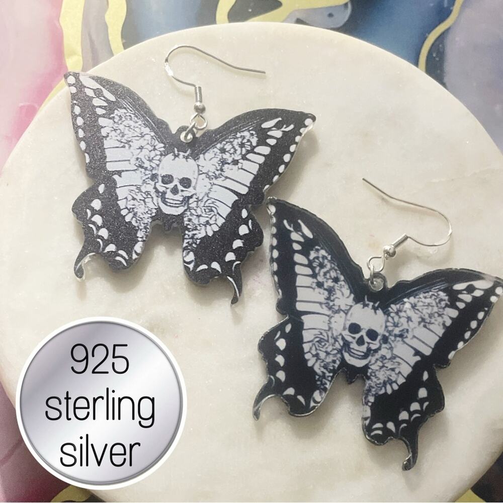 Black and White Butterfly Skull 925 sterling silver  Earrings gothic